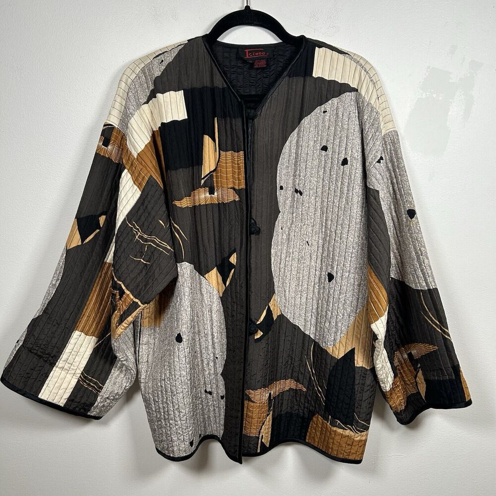 VTG Icinoo 100% Silk Jacket Women Size Medium Art Abstract Brown Gray Black 90s